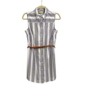 Chico's No Iron Button Down Nautical Lightweight Blue White Stripe Belt Dress 0